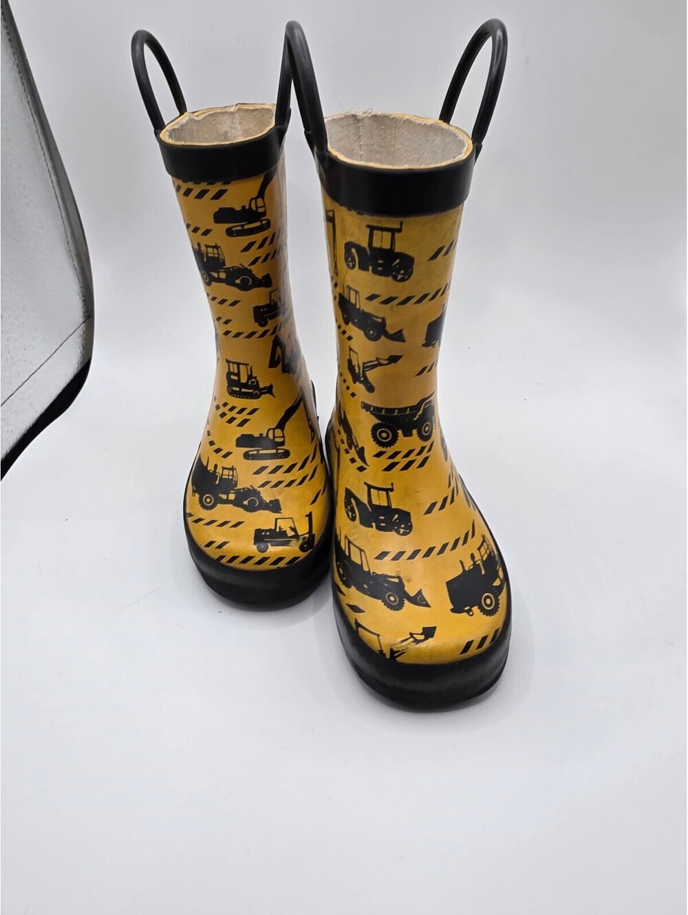 OAKI Kids Construction Vehicle Yellow Rubber Rain Boots Pull Handles Medium